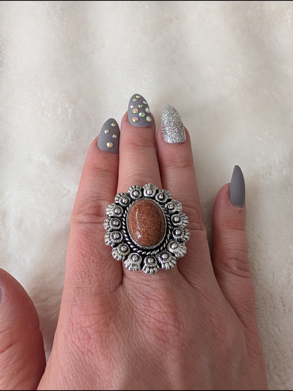 Red Sunstone German Silver Floral Statement Ring Size 8
